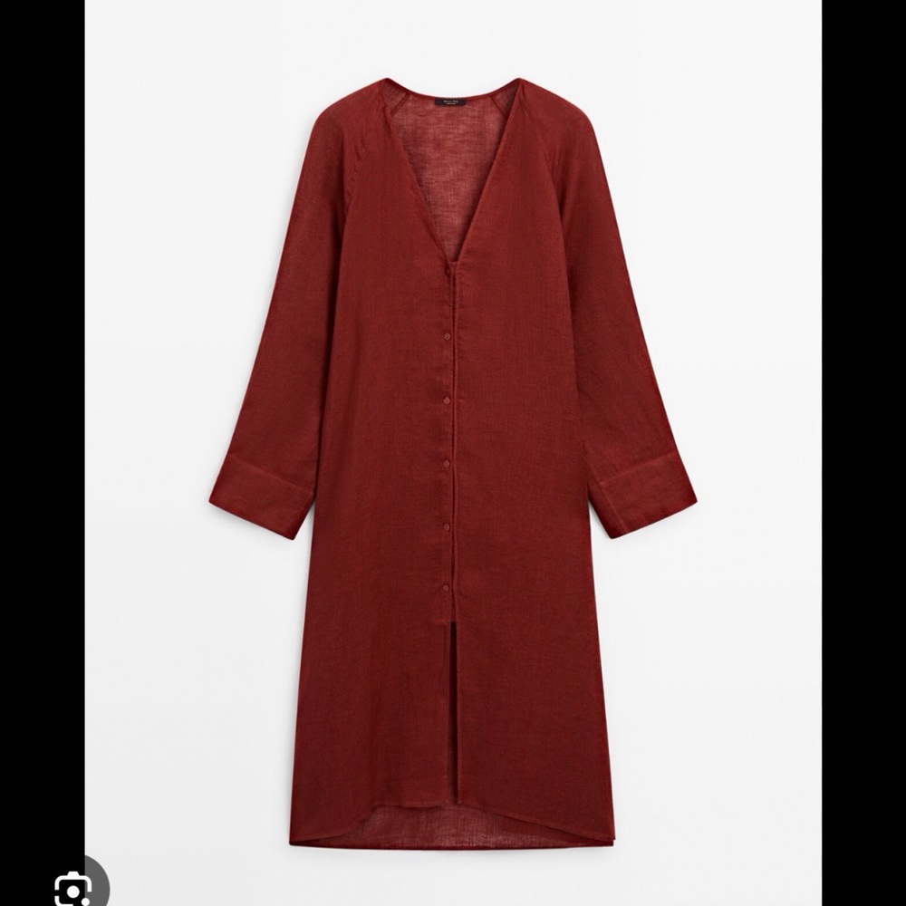 Massimo Dutti 100% linen Button-Front Longline Tunic Dress in Deep Rust